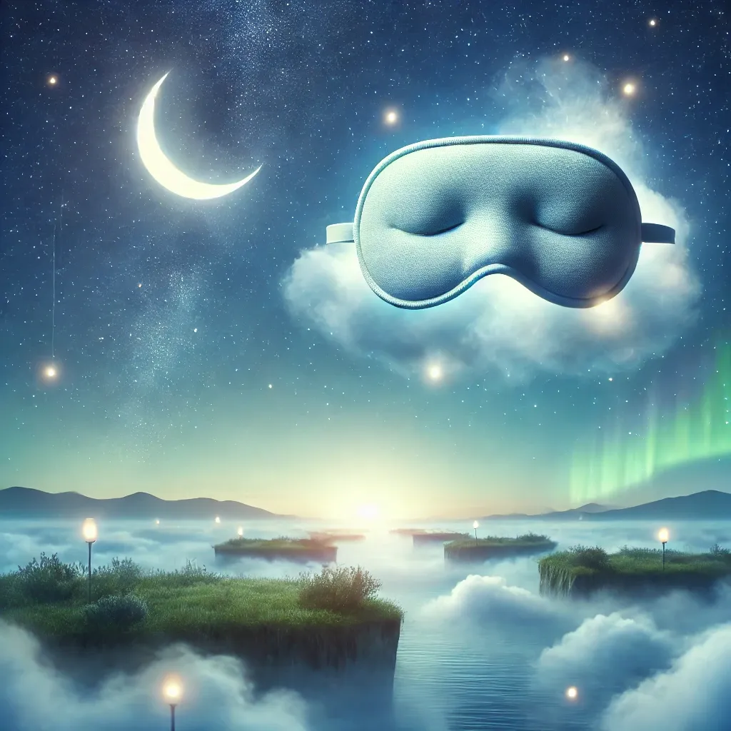 DALL·E 2025-02-28 16.24.21 - A dreamy, surreal scene featuring a floating sleeping mask glowing softly in the night sky. The mask hovers above a peaceful, misty landscape with flo.webp