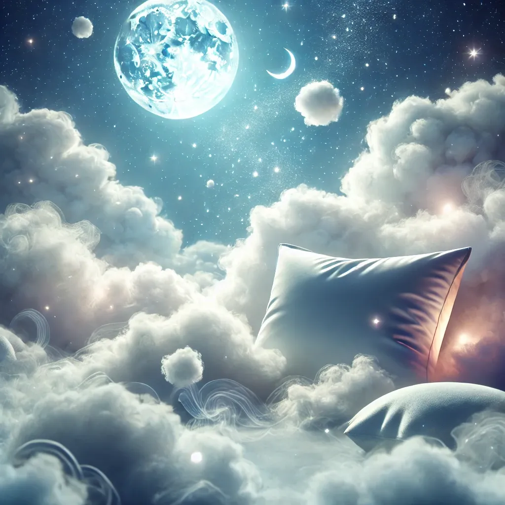 DALL·E 2025-02-28 16.26.01 - A dreamy, surreal scene with fluffy pillows floating among soft, glowing clouds in the night sky. A gentle moonlight bathes the scene, with twinkling .webp