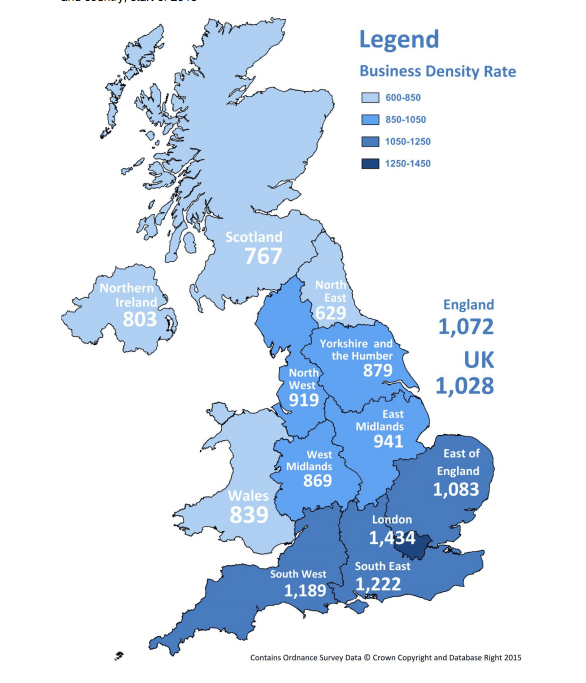 Number of businesses in the UK private sector per 10,000 adults, UK region and country, start of 2015
