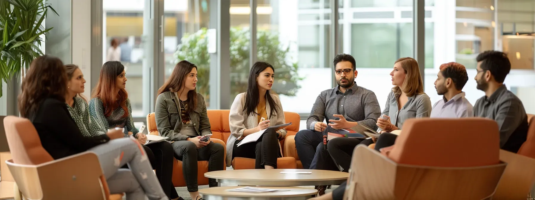 Team meeting in a bright office with open communication, demonstrating what is knowledge management through the sharing of tacit and explicit knowledge among professionals.