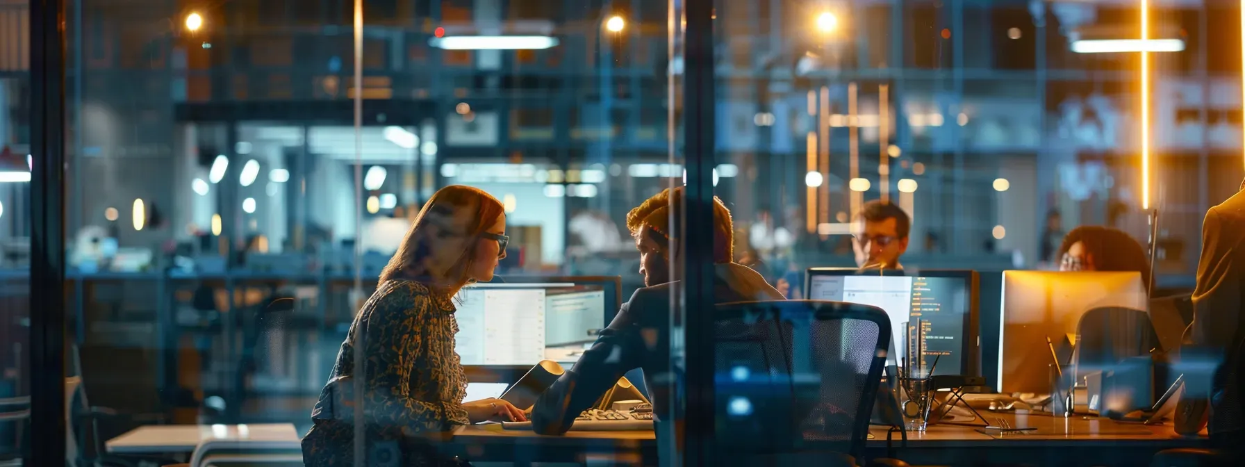 Two professionals collaborate at computers in a glass-walled office at night, demonstrating what is knowledge management as enabled through workplace technology and digital collaboration tools.
