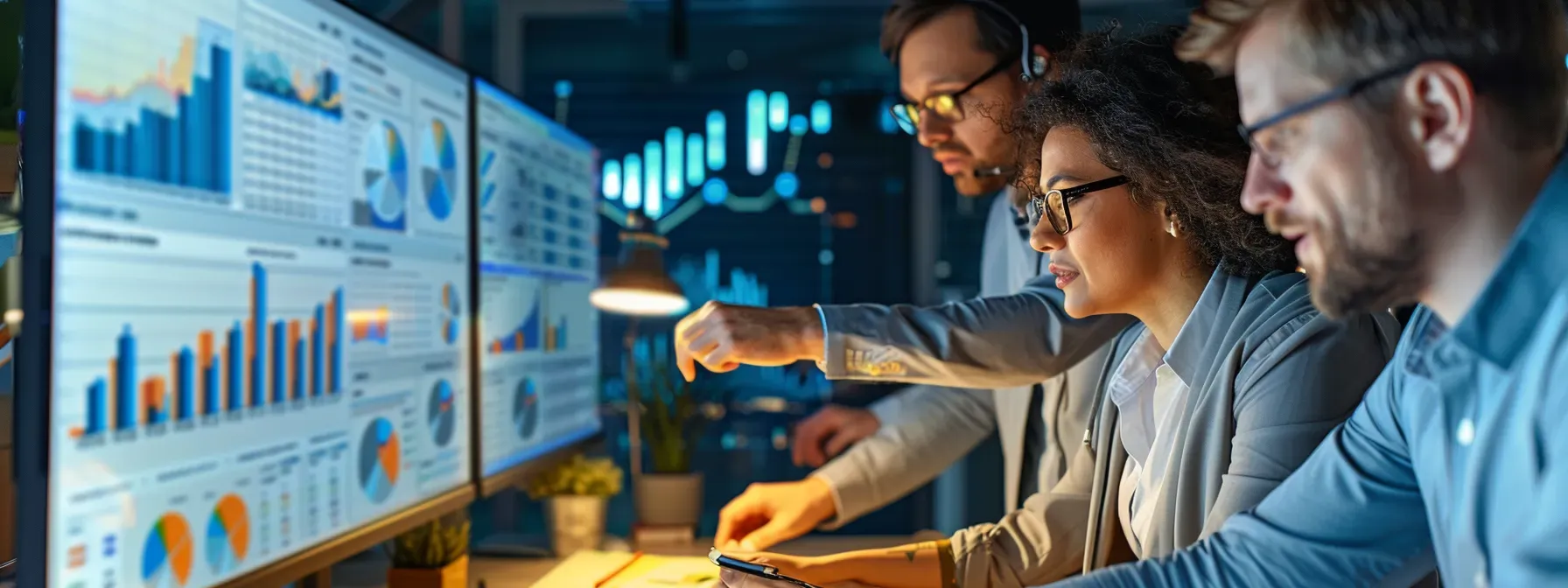 Business professionals review analytics dashboards and charts on large monitors, illustrating how RFP management improves vendor selection accuracy using advanced RFP tools.