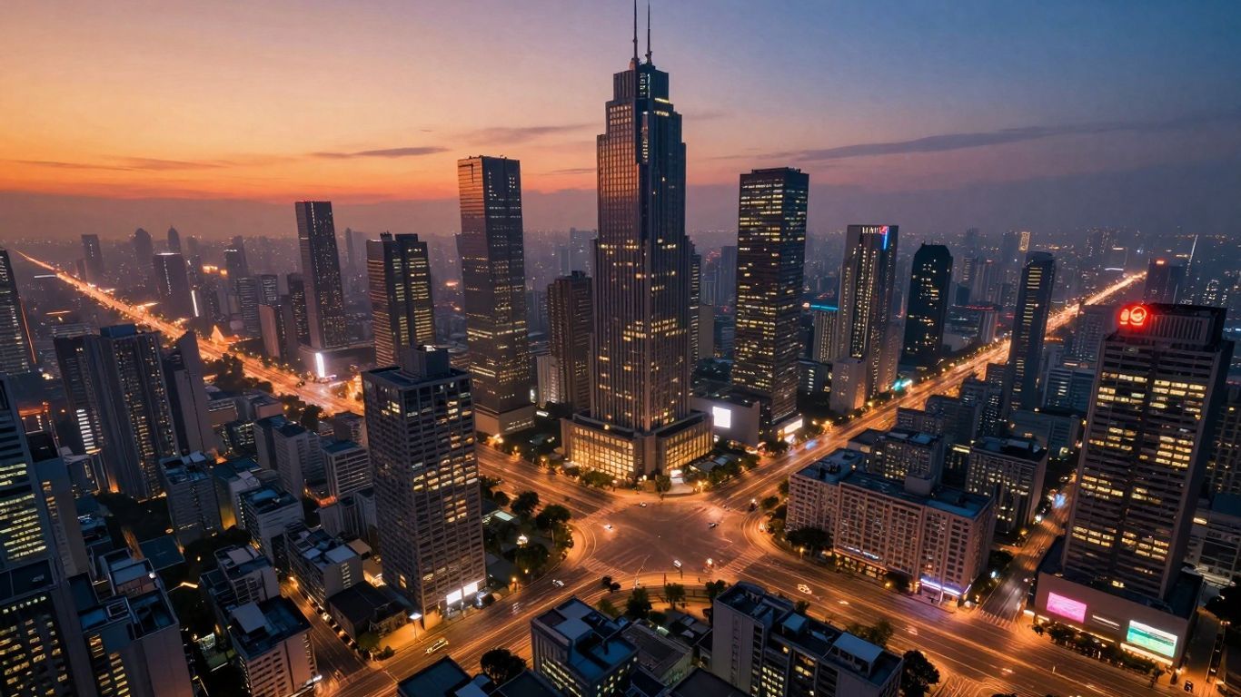 Vibrant cityscape with glowing skyscrapers and roads.