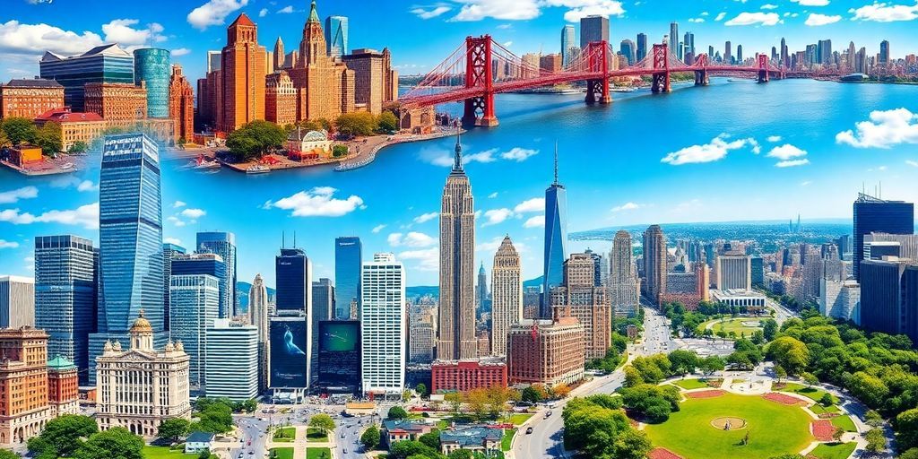 Collage of iconic US cityscapes and urban life.