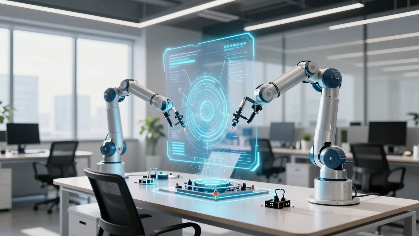 Modern smart technology company office with holographic displays.