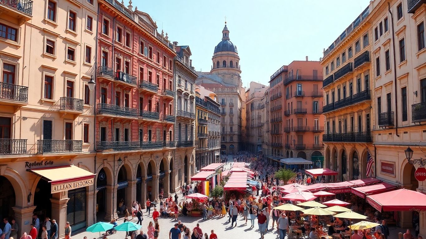 Vibrant Spanish cityscape with architecture and plazas.