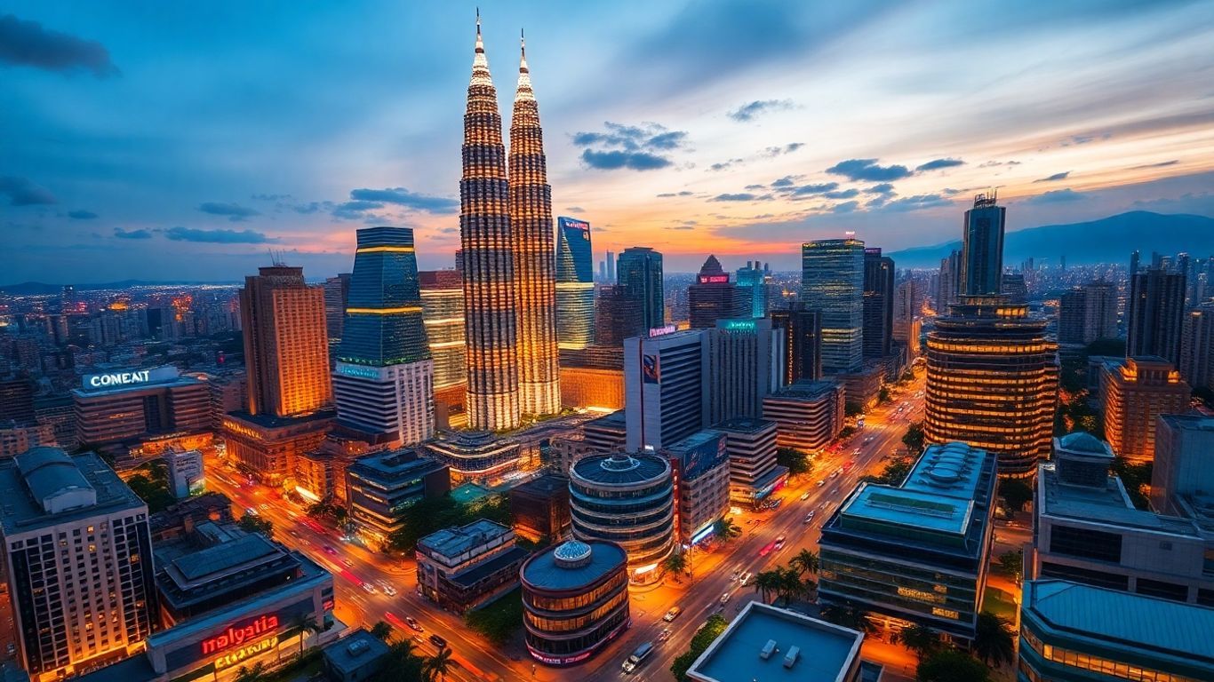 Malaysia cityscape with Petronas Towers at dusk.