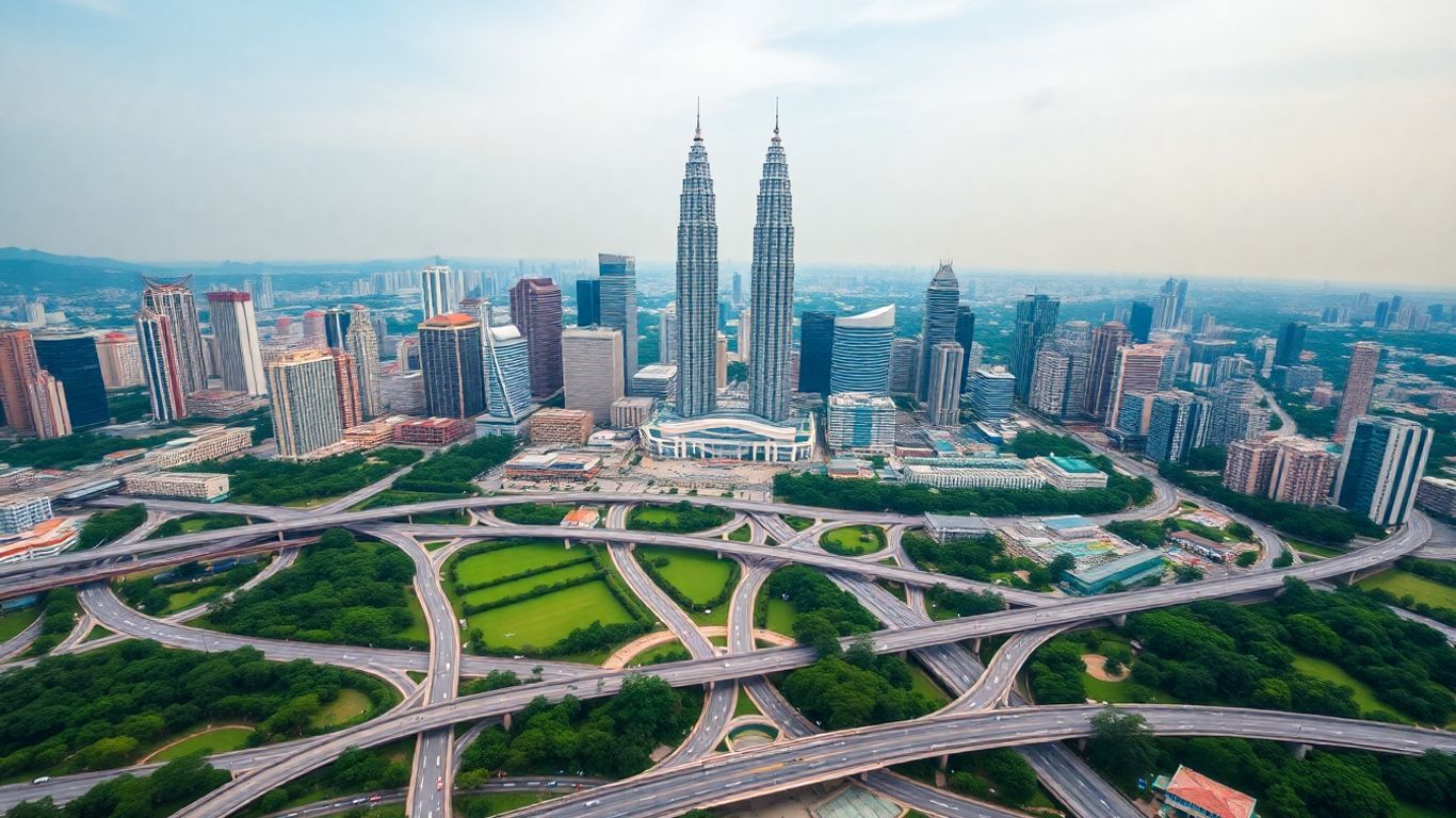 Kuala Lumpur skyline with Petronas Towers and busy roads.