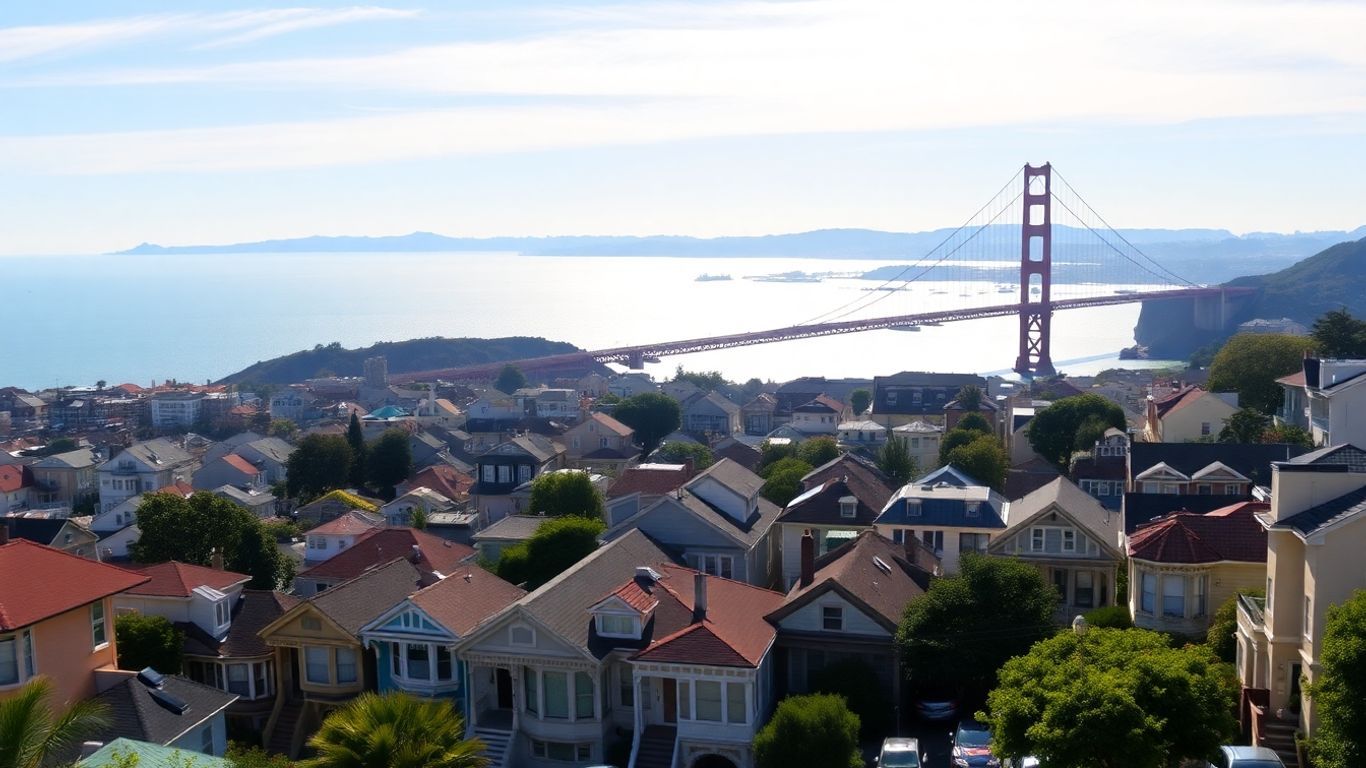 San Francisco skyline with Golden Gate Bridge and colorful houses.