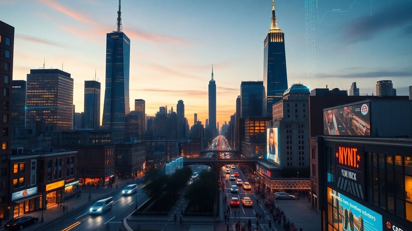 New York City skyline with futuristic technology and data streams.