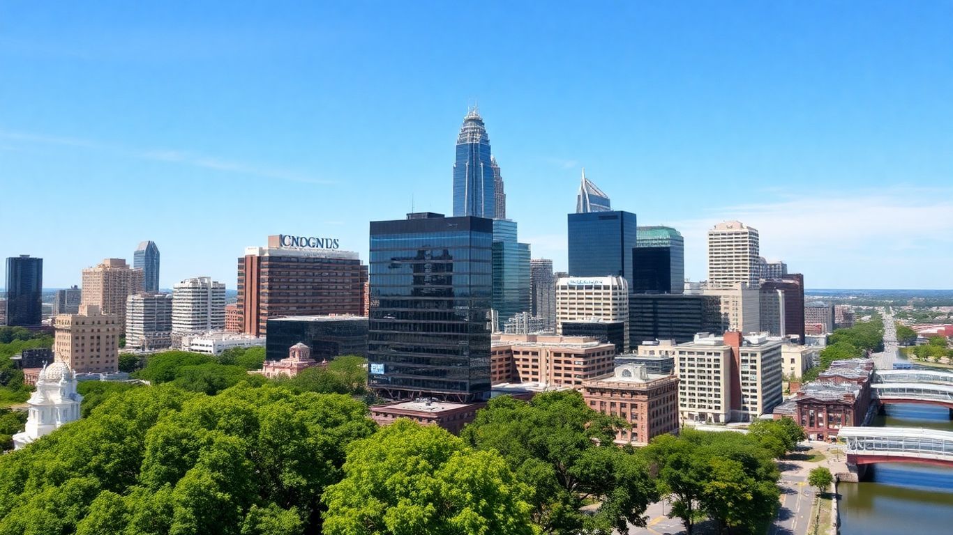 Atlanta skyline with skyscrapers and green spaces.