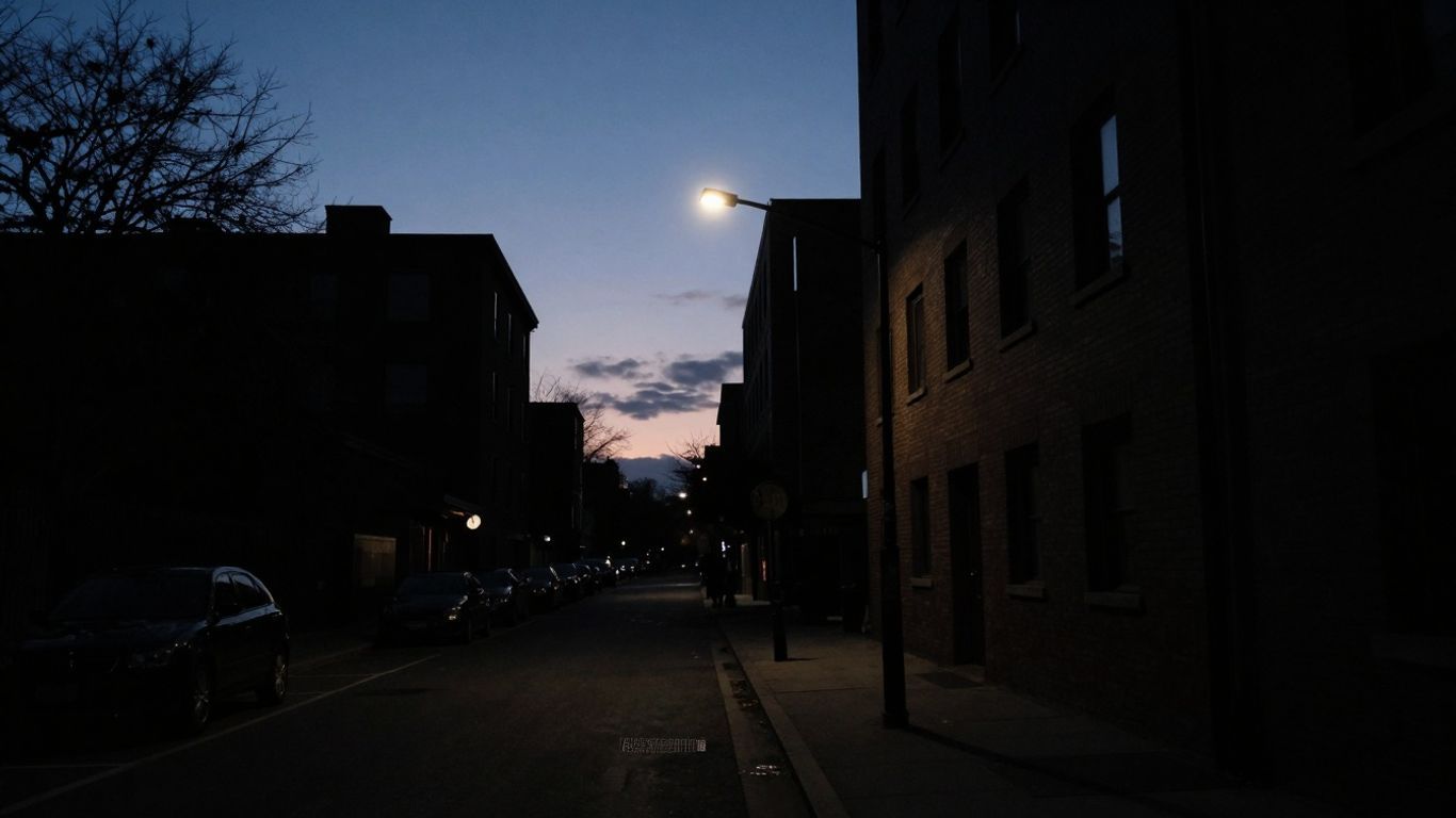 Urban street at dusk with dim lighting and shadows.