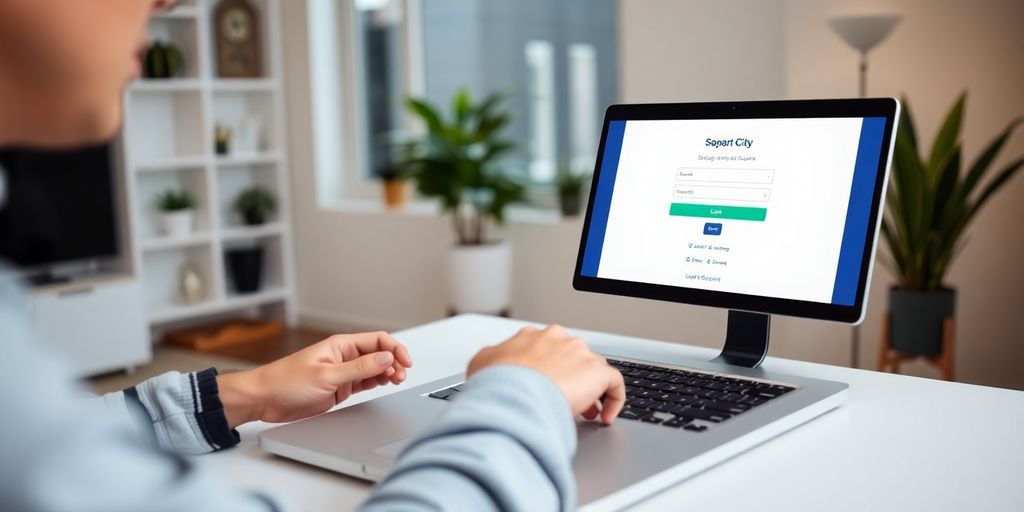 Person logging into Capital Smart City account on laptop.