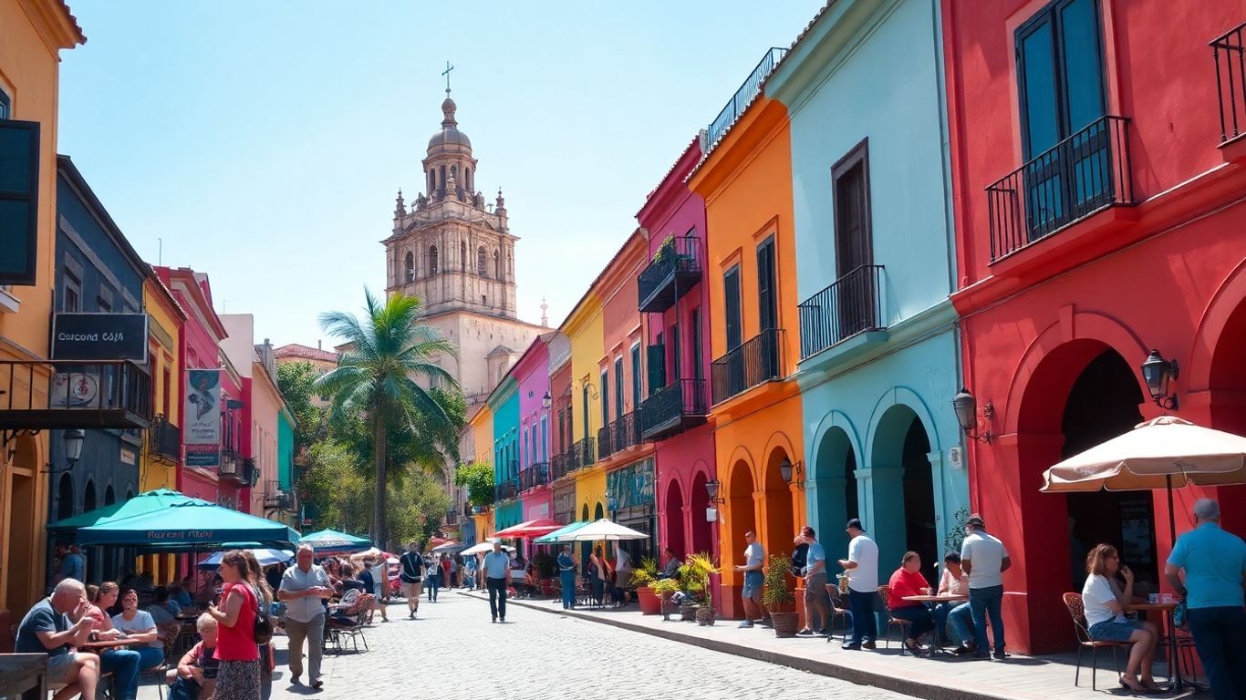 Vibrant Mexican city street with colorful buildings and cafes.