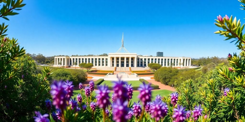 Parliament House in Canberra with greenery and blue sky.
