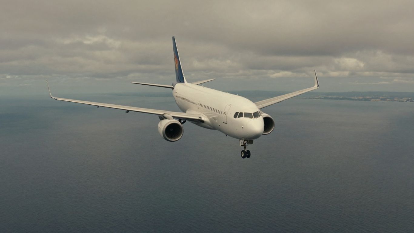 Passenger plane over ocean under cloudy skies.