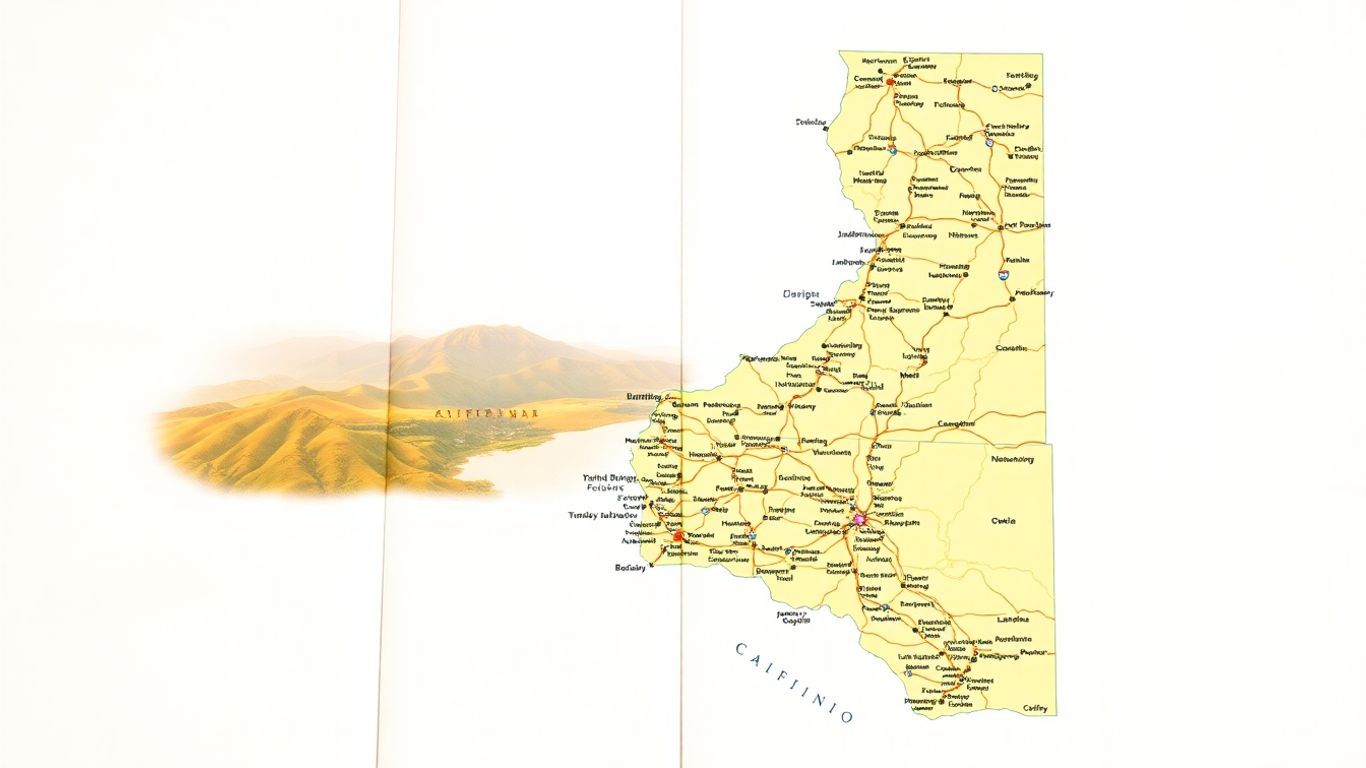 Map of California cities and regions with golden sunlight.
