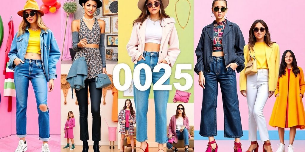 Collage of trendy clothing and accessories for 2025 fashion.