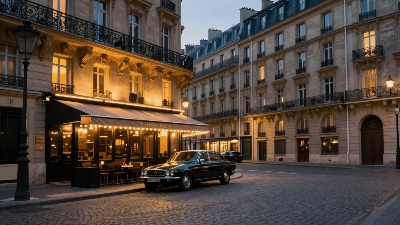 Elegant Parisian street with vintage car and cafe.