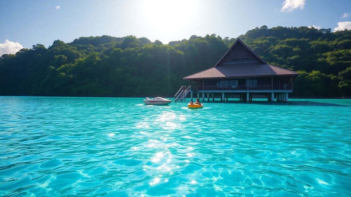 Gaya Island Resort overwater bungalow with turquoise water.