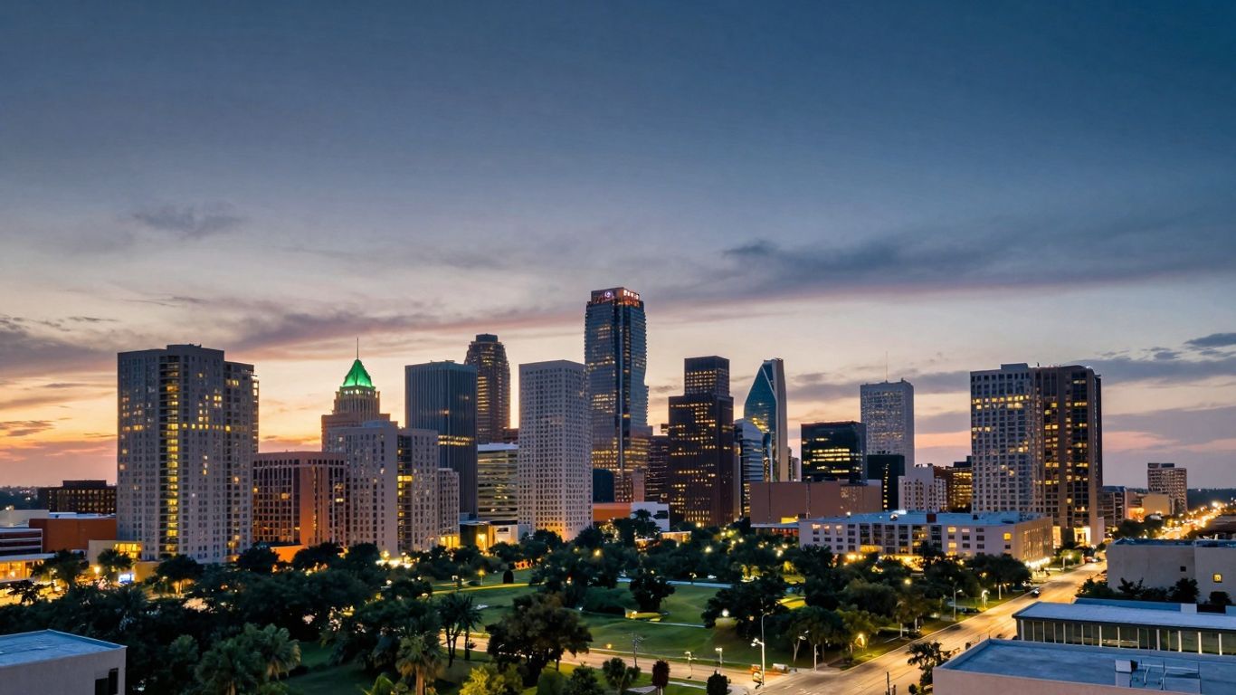 Houston cityscape with modern apartments and city lights.