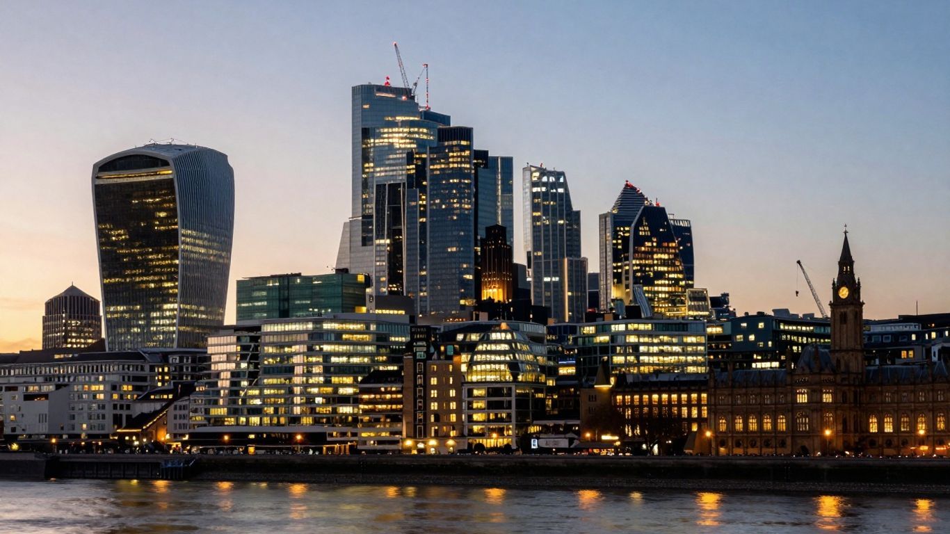 UK city skyline with modern and historic buildings at dusk.