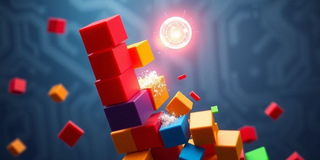 Pixelated blocks, digital ball, vibrant explosion, futuristic gaming.