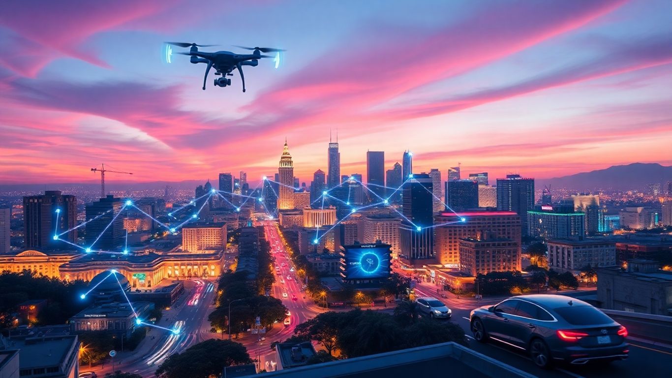 Los Angeles cityscape with glowing digital connections and futuristic transport.