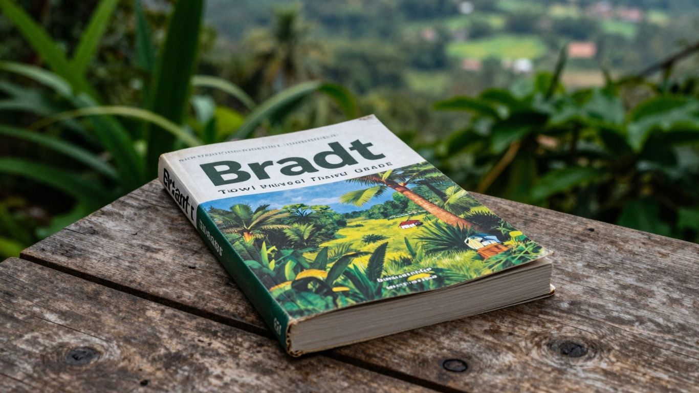 Bradt travel guide on a wooden table with foliage.