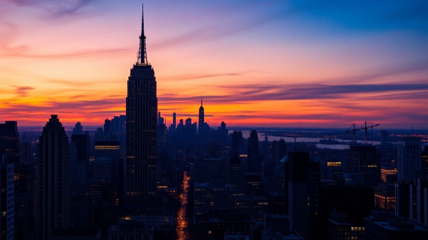 New York City skyline at dusk with illuminated skyscrapers.