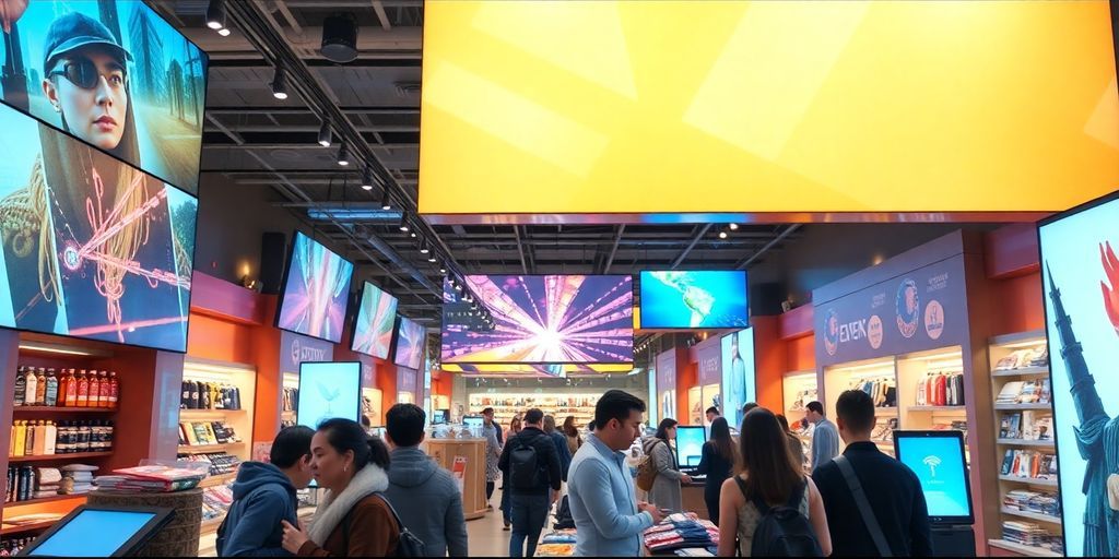 A modern retail space merging digital and physical shopping.