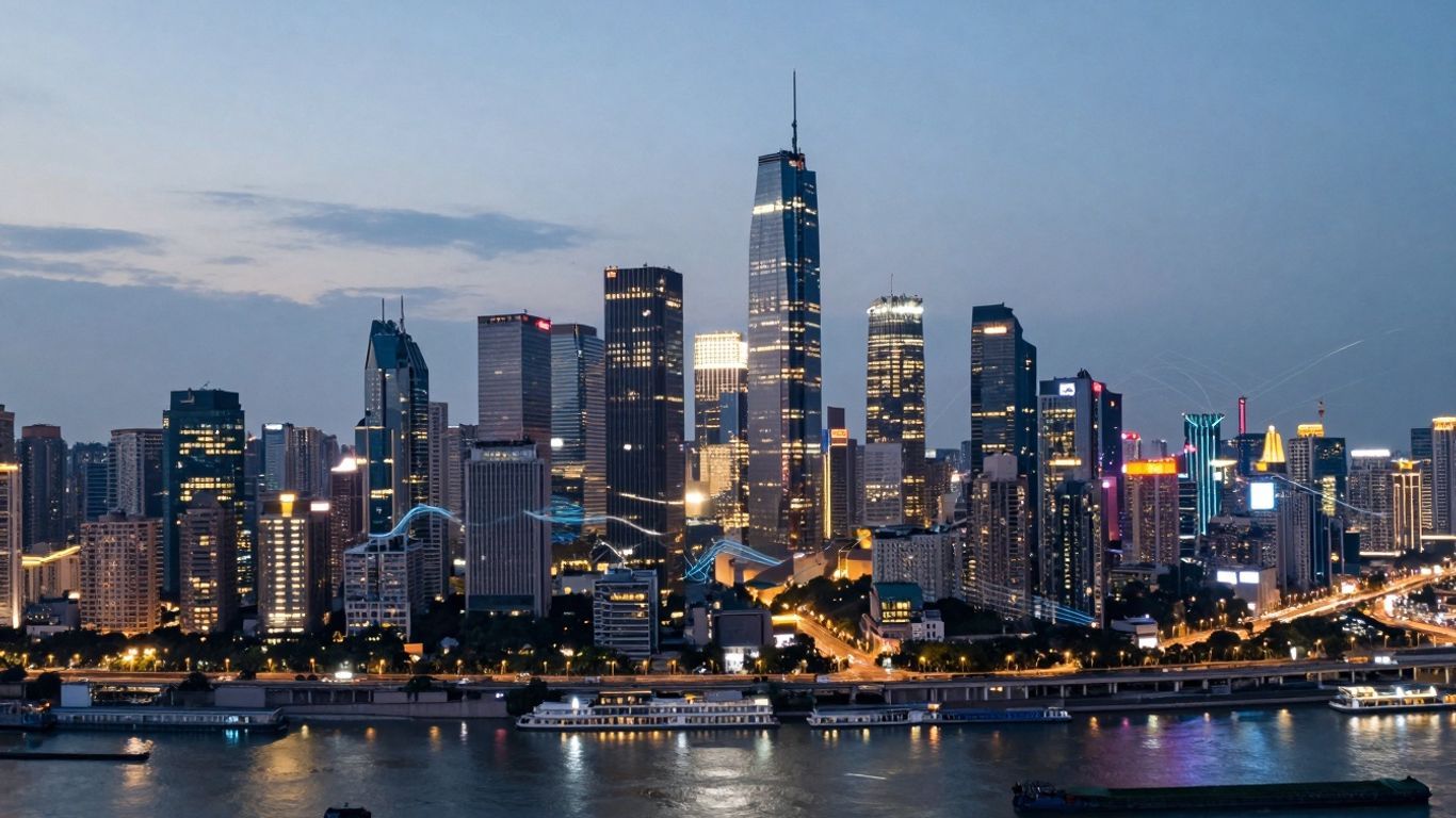 Cityscape with data streams at dusk.