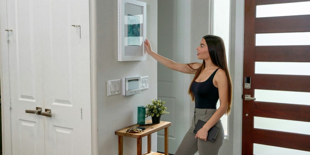 a woman standing in front of a wall mounted light switch