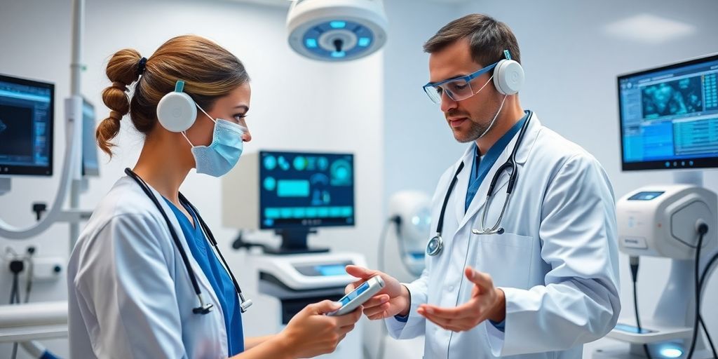 Healthcare professional using advanced medical technology in clinic.
