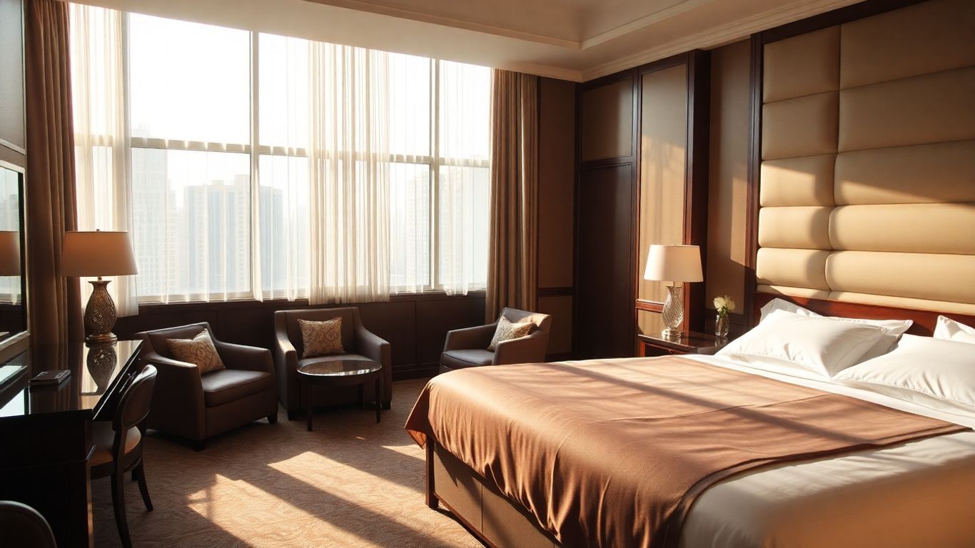 Luxurious hotel suite interior with elegant decor and natural light.