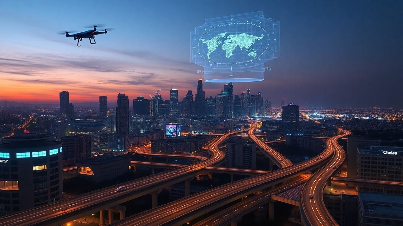 Futuristic Los Angeles skyline with smart city innovations.