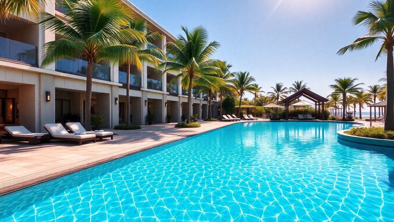 Luxury resort pool with palm trees and clear water.