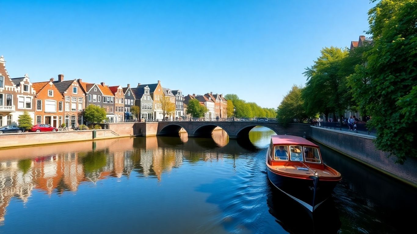Amsterdam canal with historic houses and a boat.