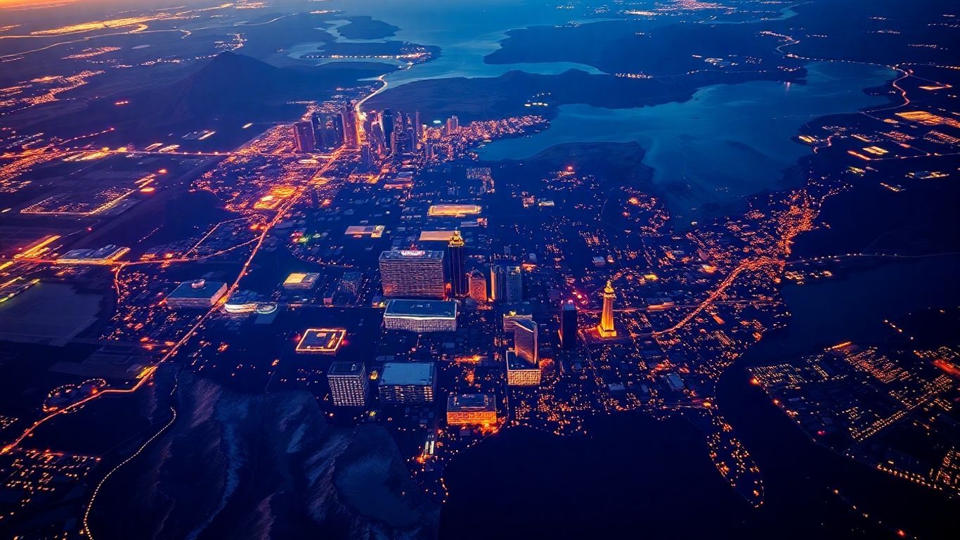 Aerial photo highlighting major US cities at night.