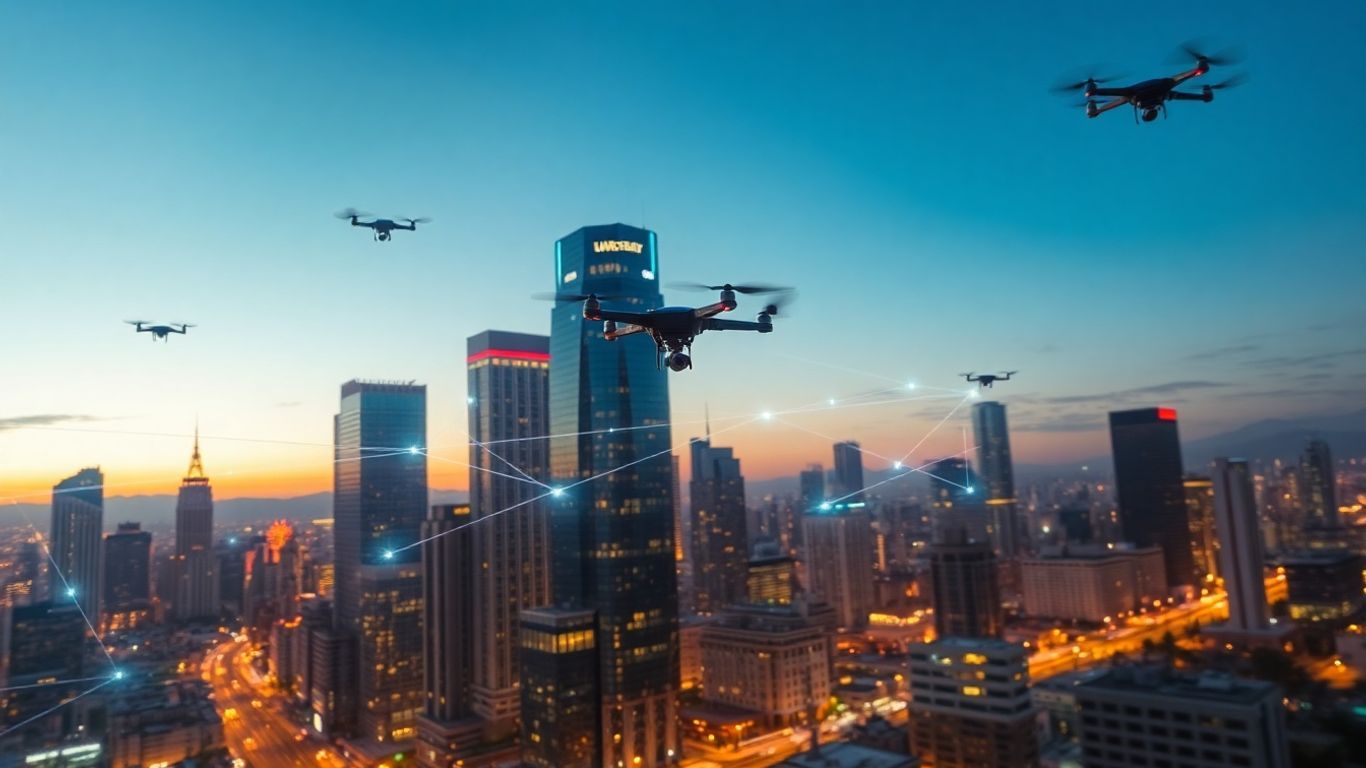 Futuristic Los Angeles cityscape with data streams and drones.