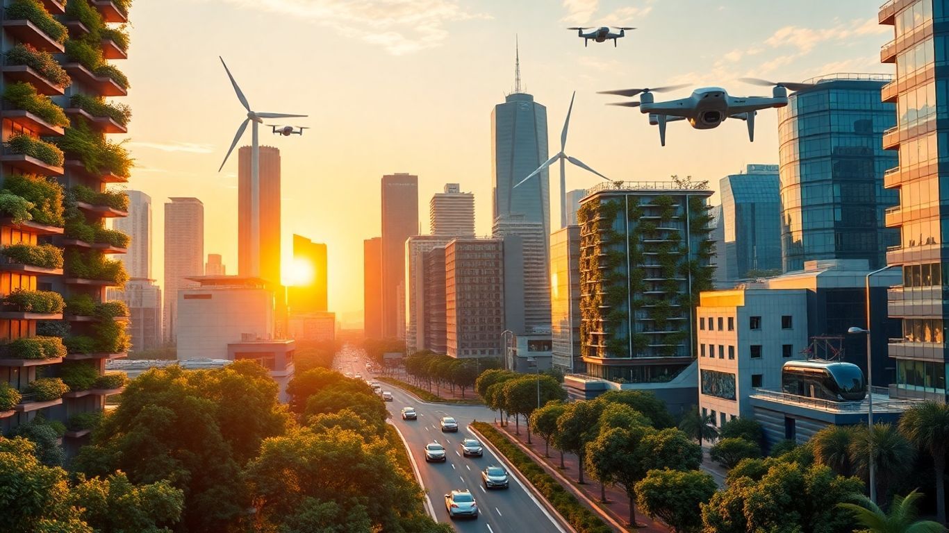 Sustainable city skyline with green buildings and wind turbines.