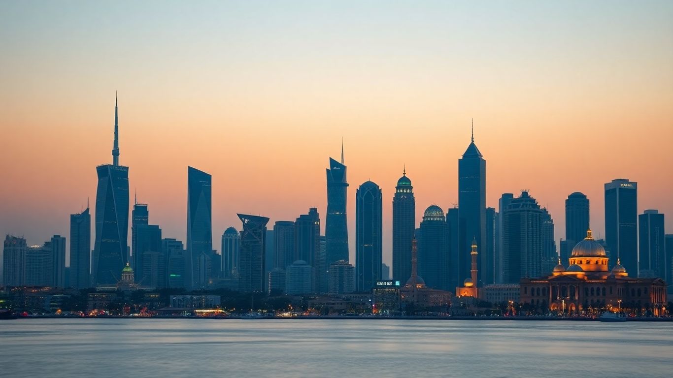 Kuwait City skyline at dusk with modern skyscrapers.