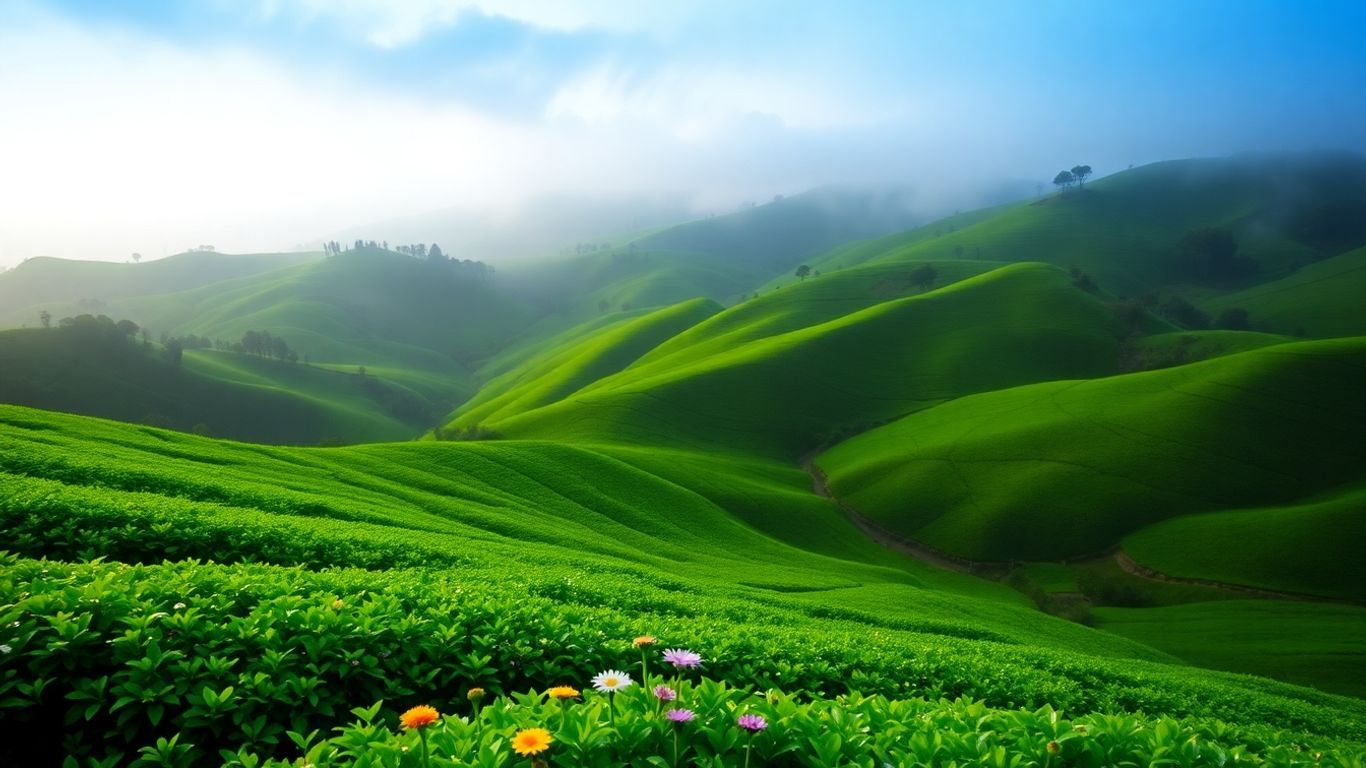 Lush green tea plantations in Cameron Highlands, Malaysia.