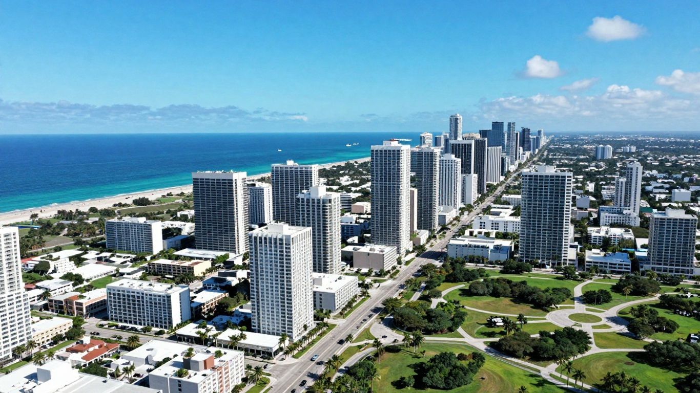 Florida city skyline with ocean and coastline.
