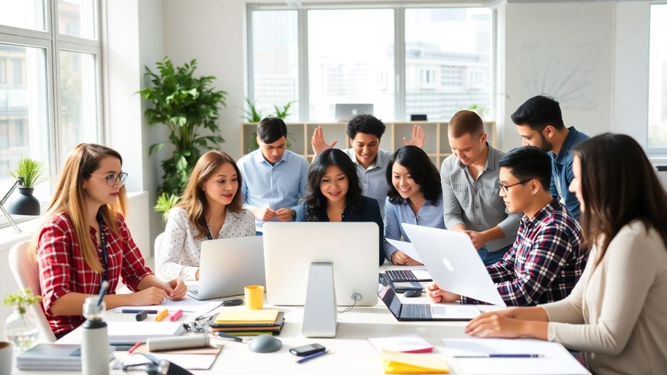Diverse professionals collaborating in a modern, creative office