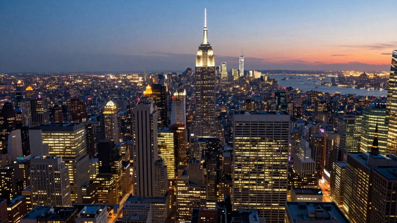 Aerial view of a major US city skyline at dusk.