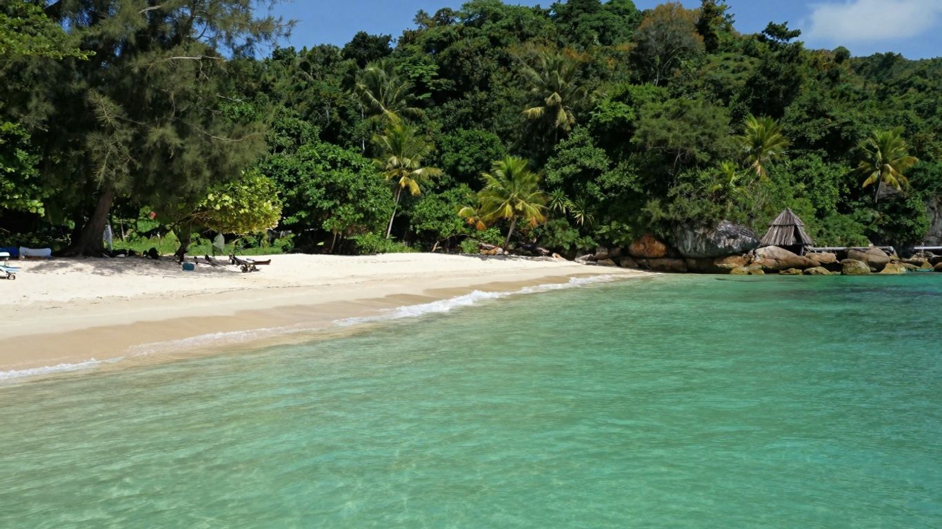 Tanjung Tuan Beach with clear water and green foliage.