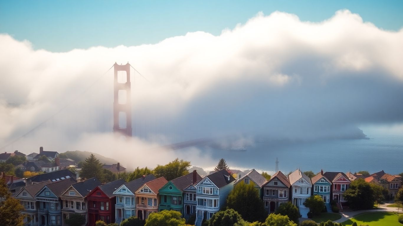 San Francisco cityscape with Golden Gate Bridge and colorful houses.