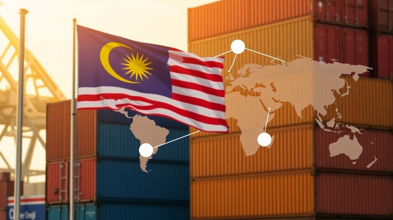 Malaysian flag and shipping containers