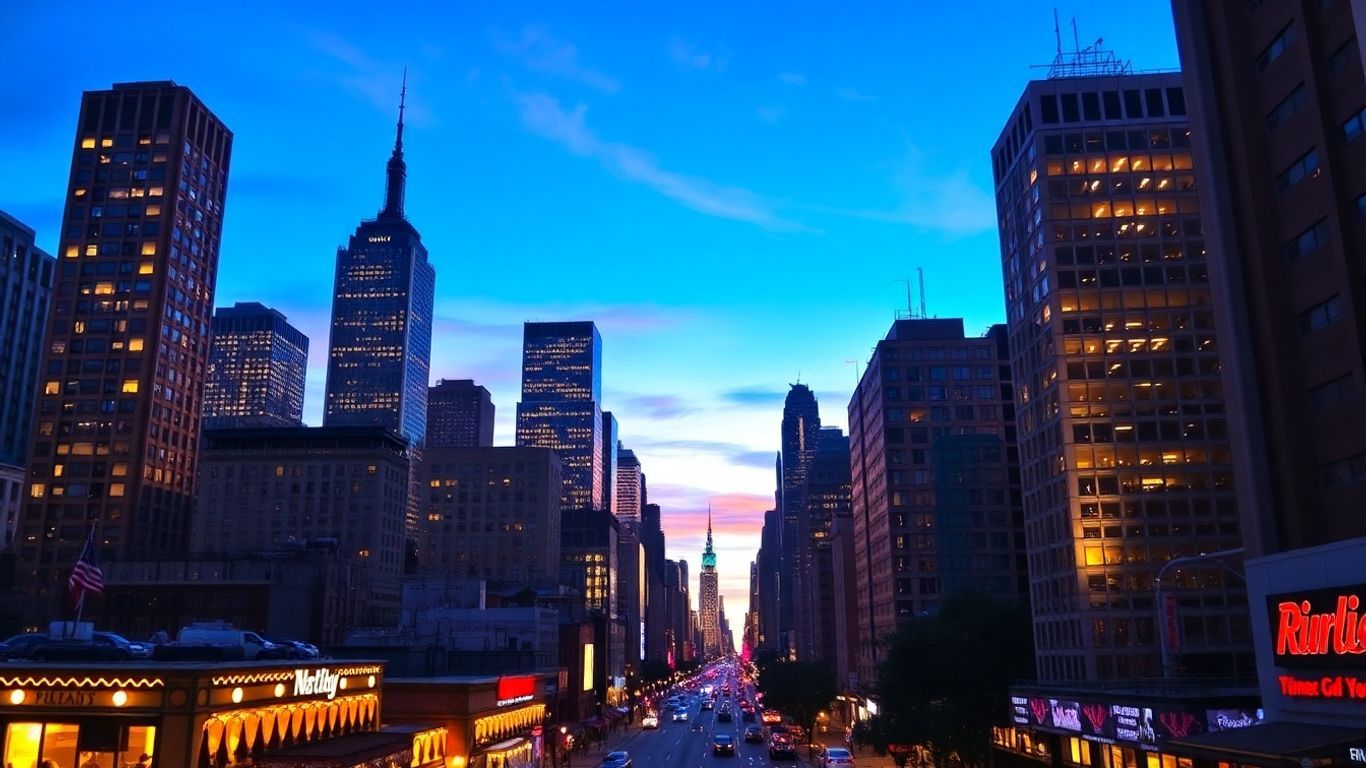 New York City skyline at dusk with illuminated buildings.